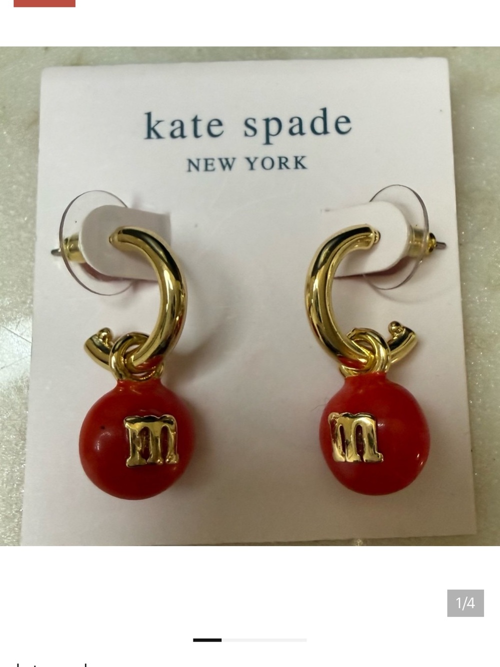 kate spade Limited M&M’s Gold Hoop Earrings with Red Enamel Drop Charms - Picture 3 of 3